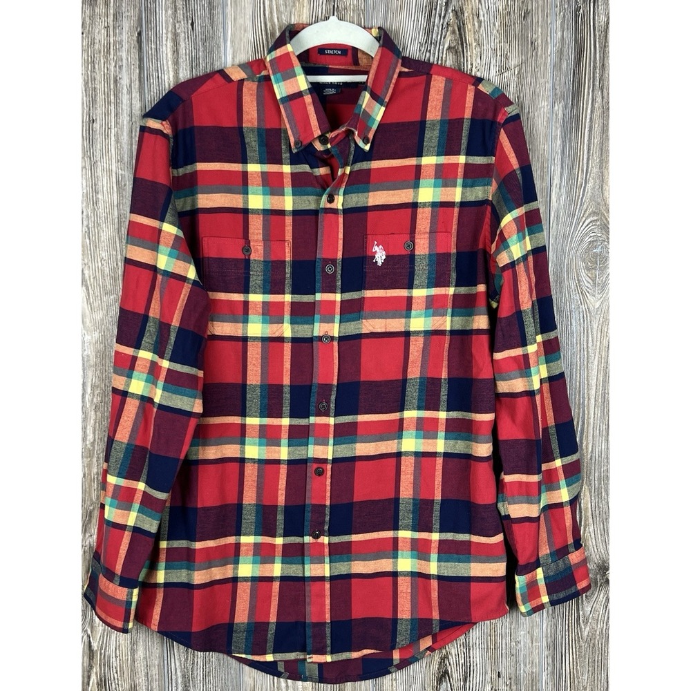 Vintage US Polo Assn Plaid Flannel Shirt Mens Med Stretch Button Down Preppy